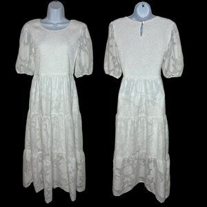 Merokeety Women's Sz S White Shirred Floral Chiffon Maxi Dress (1508)